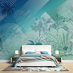 Tapet personalizat jungla amazoniana pentru copii cu elemente abstracte din jungla in stil de ilustratie in creion in nuante de albastru blue jungle