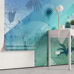 Tapet personalizat jungla amazoniana pentru copii cu elemente abstracte din jungla in stil de ilustratie in creion in nuante de albastru blue jungle