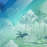 Tapet personalizat jungla amazoniana pentru copii cu elemente abstracte din jungla in stil de ilustratie in creion in nuante de albastru blue jungle