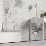 Tapet personalizat jungla amazoniana pentru copii cu elemente din jungla in stil de ilustratie in creion in nuante de gri sketch jungle grey