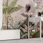 Tapet personalizat jungla amazoniana pentru copii cu elemente animale pasari si plante exotice pe un fundal roz pink jungle