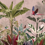 Tapet personalizat jungla amazoniana pentru copii cu elemente animale pasari si plante exotice pe un fundal roz pink jungle