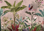 Tapet personalizat jungla amazoniana pentru copii cu elemente animale pasari si plante exotice pe un fundal roz pink jungle