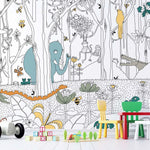 Tapet personalizat jungla amazoniana pentru copii cu animale si copaci din jungla ilustrate in creion de tip sketch  to be colored