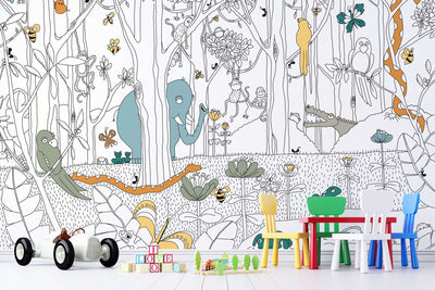 fototapet-personalizat-jungla-amazoniana-pentru-copii-cu-animale-si-copaci-din-jungla-ilustrate-in-creion-de-tip-sketch--to-be-colored
