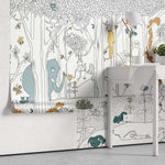 Tapet personalizat jungla amazoniana pentru copii cu animale si copaci din jungla ilustrate in creion de tip sketch  to be colored