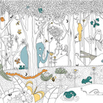Tapet personalizat jungla amazoniana pentru copii cu animale si copaci din jungla ilustrate in creion de tip sketch  to be colored