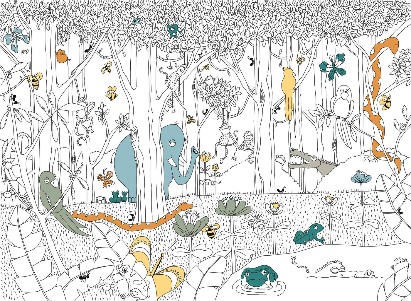 fototapet-personalizat-jungla-amazoniana-pentru-copii-cu-animale-si-copaci-din-jungla-ilustrate-in-creion-de-tip-sketch--to-be-colored