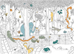 Tapet personalizat jungla amazoniana pentru copii cu animale si copaci din jungla ilustrate in creion de tip sketch  to be colored
