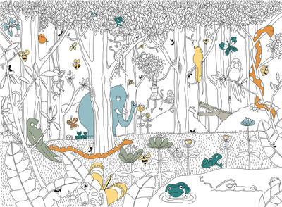 fototapet-personalizat-jungla-amazoniana-pentru-copii-cu-animale-si-copaci-din-jungla-ilustrate-in-creion-de-tip-sketch--to-be-colored