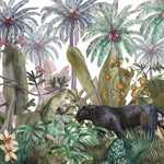 Tapet Personalizat Jungla Amazoniana cu ilustratie cu jungla cu copac de cocos si pantera neagra - BLACK PANTHER JUNGLE