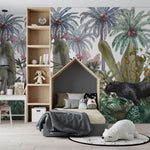 Tapet Personalizat Jungla Amazoniana cu ilustratie cu jungla cu copac de cocos si pantera neagra - BLACK PANTHER JUNGLE
