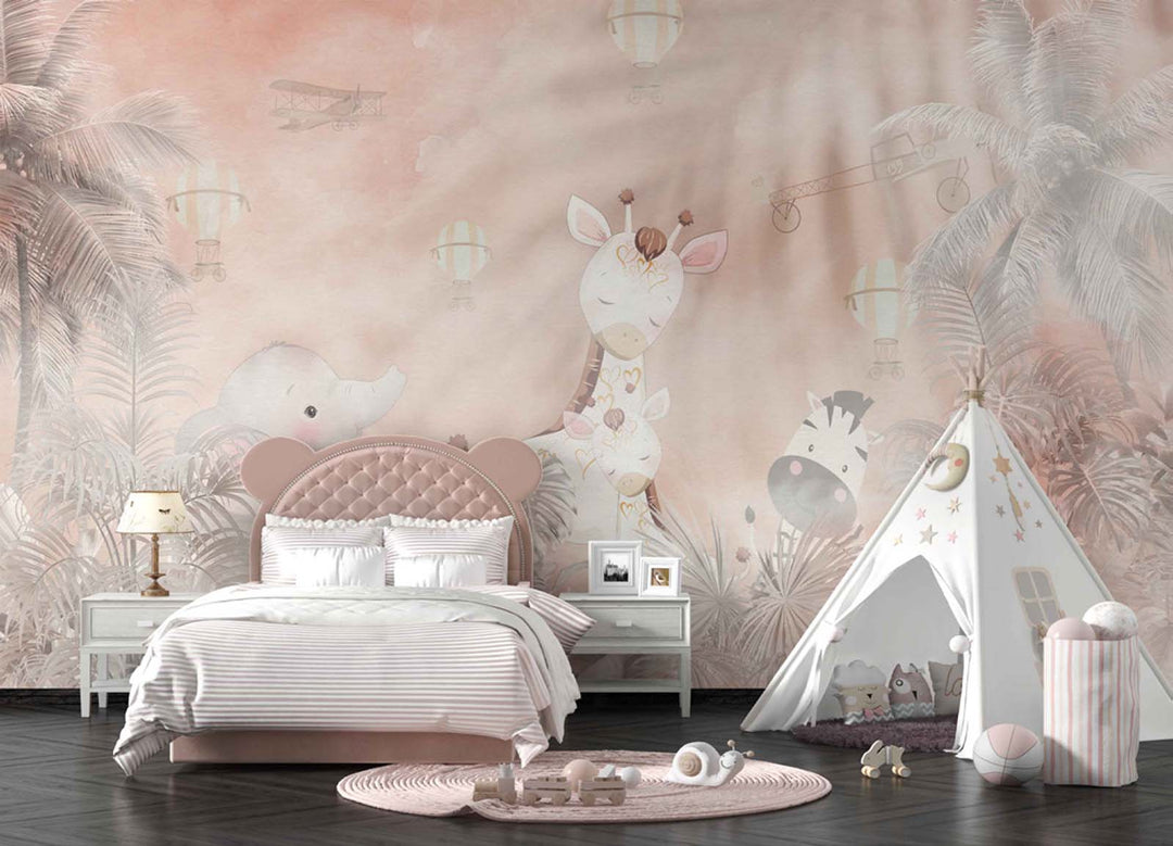 Tapet Personalizat Jungla Amazoniana cu jungla si girafe in nuante de roz - DUSTY PINK GIRAFFE