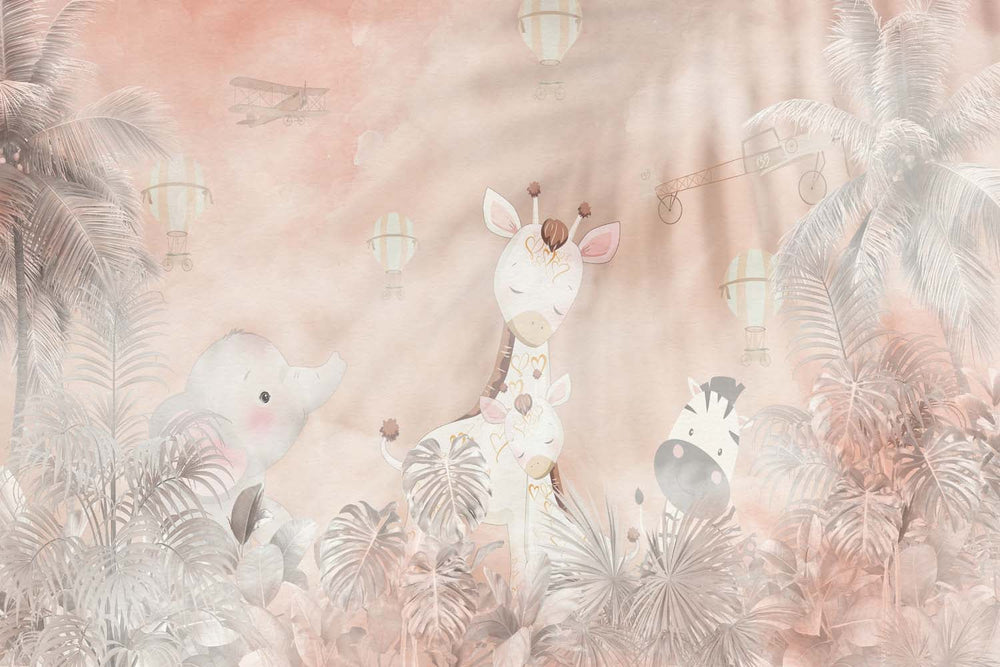 Tapet Personalizat Jungla Amazoniana cu jungla si girafe in nuante de roz - DUSTY PINK GIRAFFE
