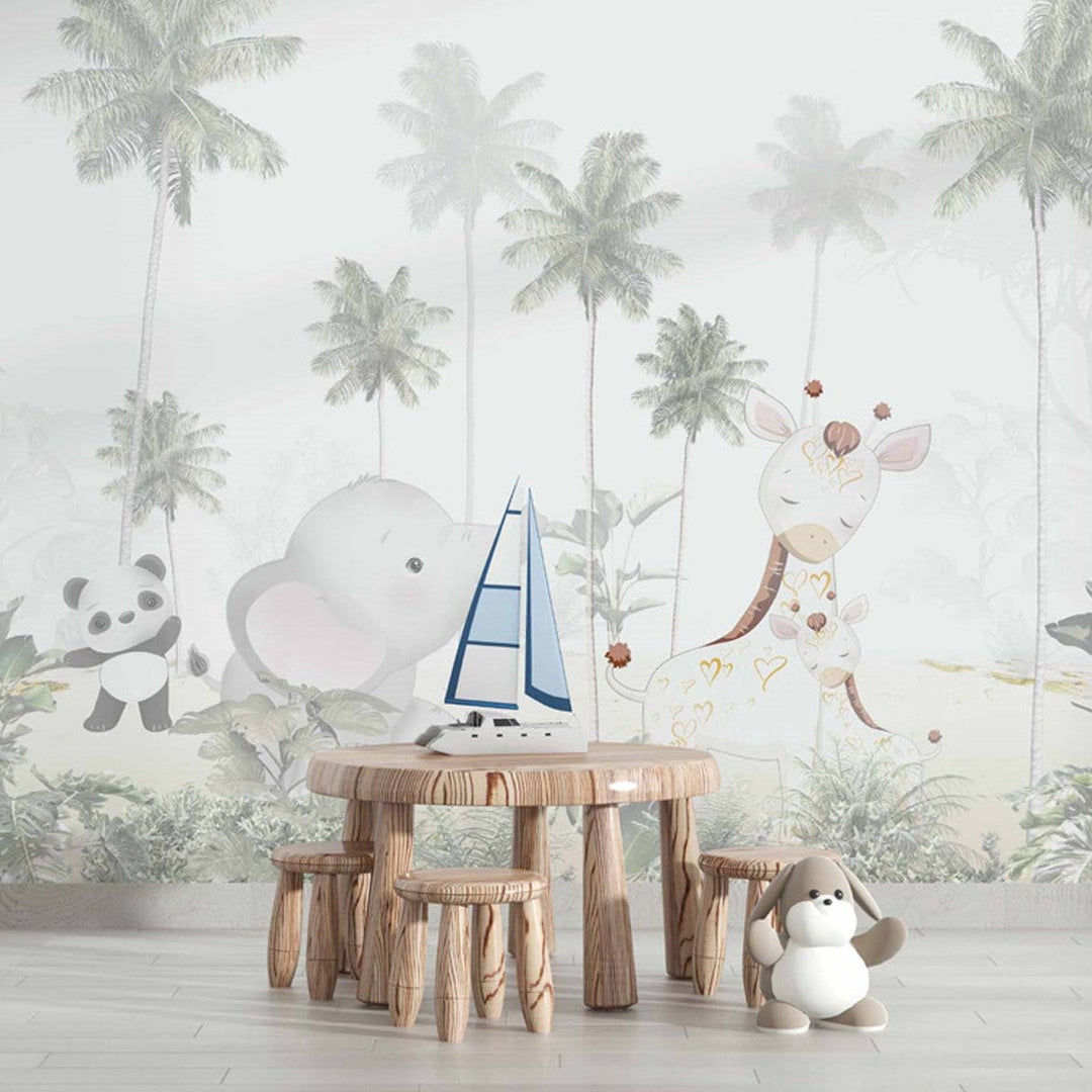 Tapet Personalizat Jungla Amazoniana cu girafa, elefant si panda - GIRAFFE LOVE