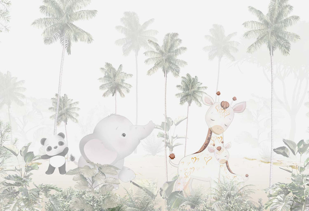 Tapet Personalizat Jungla Amazoniana cu girafa, elefant si panda - GIRAFFE LOVE