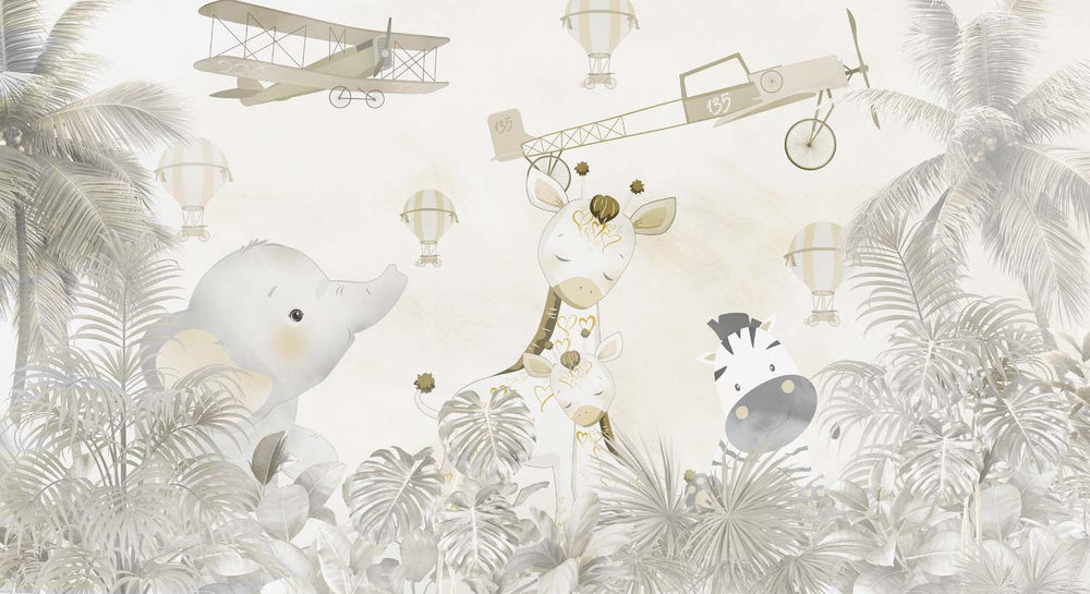 Tapet Personalizat Jungla Amazoniana cu animalute in jungla si avioane - FLIGHT OVER THE JUNGLE