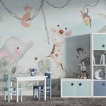 Tapet Personalizat Jungla Amazoniana cu animale exotice printre palmieri si liane - FRIENDLY JUNGLE ANIMALS