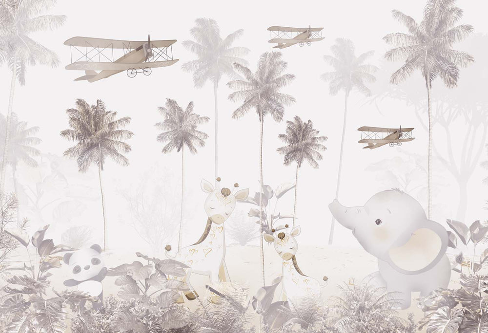 Tapet Personalizat Jungla Amazoniana cu palmieri inalti si avioane - BROWN PLANE JUNGLE
