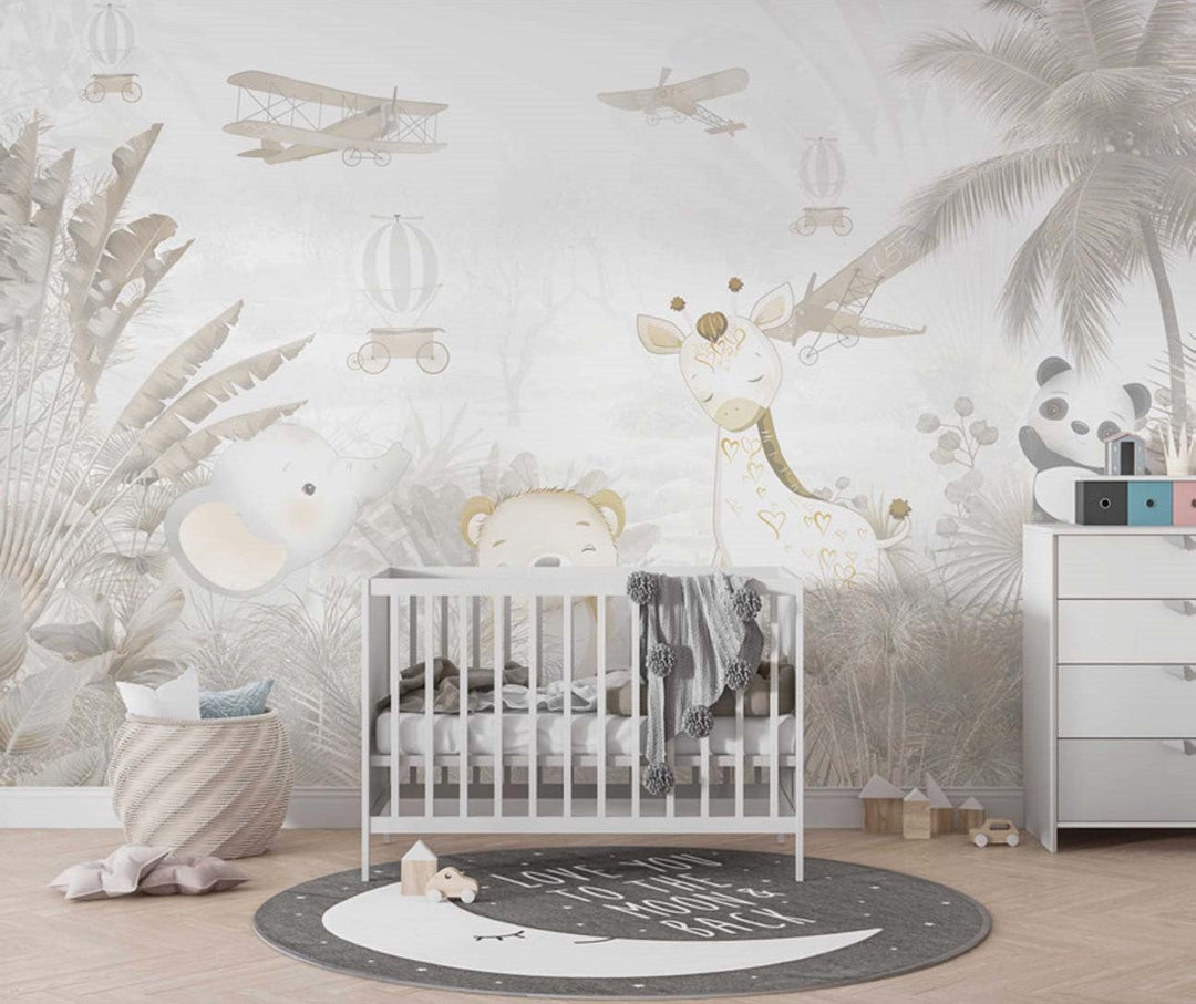 Tapet Personalizat Jungla Amazoniana cu jungla cu palmieri in nuante de gri sepia - DESERT ANIMAL JUNGLE