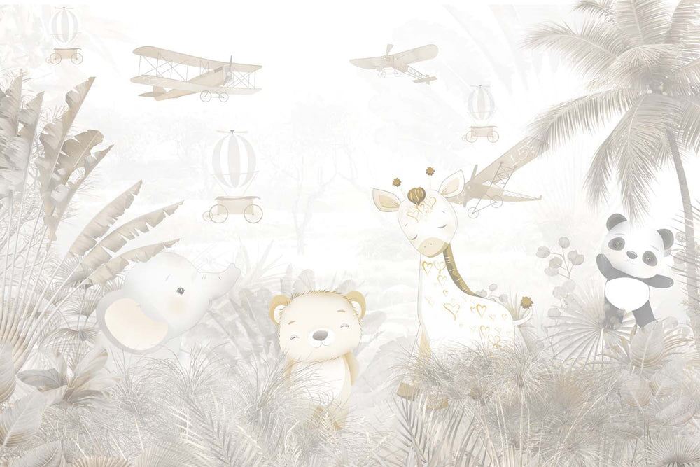 Tapet Personalizat Jungla Amazoniana cu jungla cu palmieri in nuante de gri sepia - DESERT ANIMAL JUNGLE