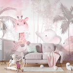 Tapet Personalizat Jungla Amazoniana cu girafa si elefant in nuante de roz  - EXOTIC PINK ANIMALS