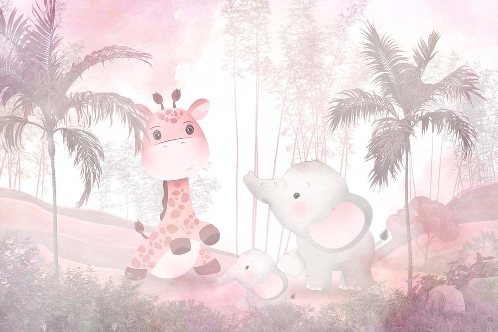 Tapet Personalizat Jungla Amazoniana cu girafa si elefant in nuante de roz  - EXOTIC PINK ANIMALS
