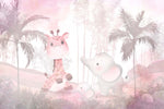 Tapet Personalizat Jungla Amazoniana cu girafa si elefant in nuante de roz  - EXOTIC PINK ANIMALS