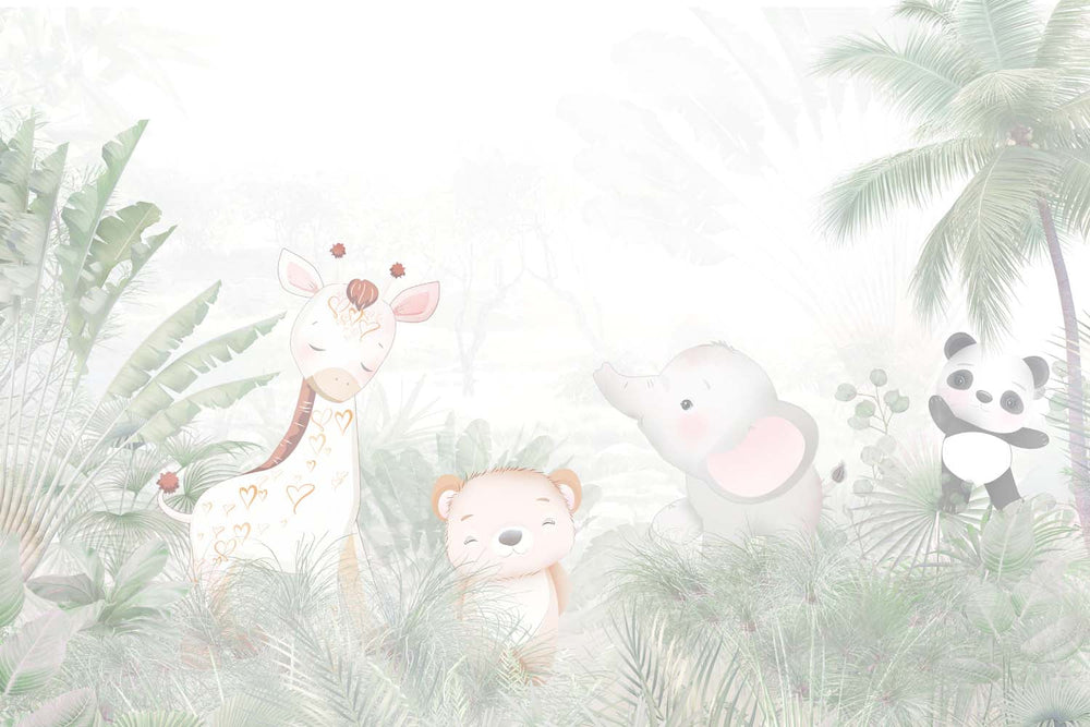 Tapet Personalizat Jungla Amazoniana cu animalute in jungla amazoniana in nuante de verde deshis - LIGHT GREEN AMAZON