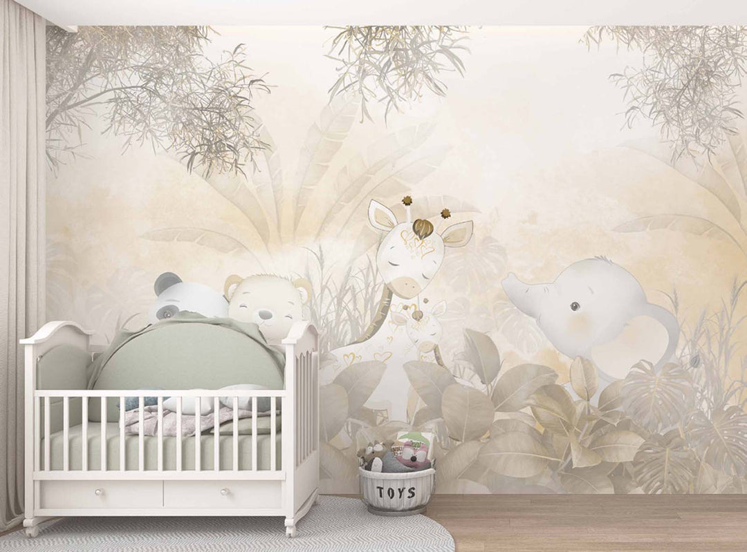 Tapet Personalizat Jungla Amazoniana cu animale in jungla in nuante calde  - AMAZONIAN HIDE AND SEEK