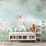Tapet Personalizat Jungla Amazoniana cu vegetatie si animale exotice pe un fundal turcoaz - PASTEL AMAZONIAN FOREST