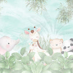 Tapet Personalizat Jungla Amazoniana cu vegetatie si animale exotice pe un fundal turcoaz - PASTEL AMAZONIAN FOREST