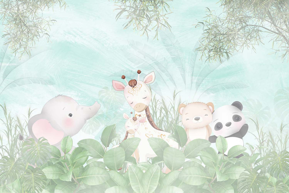 Tapet Personalizat Jungla Amazoniana cu vegetatie si animale exotice pe un fundal turcoaz - PASTEL AMAZONIAN FOREST