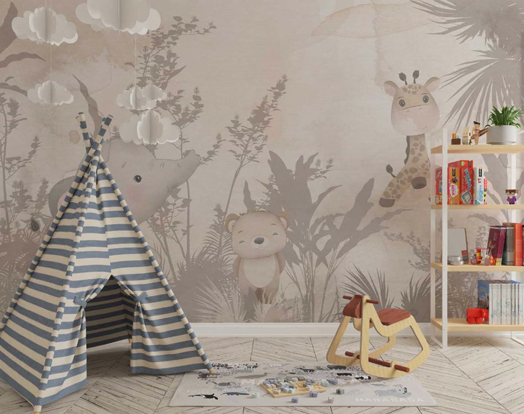 Tapet Personalizat Jungla Amazoniana cu vegetatie tropicala in nuante de bej si fundal watercolor - EXOTIC BEIGE WATERCOLOR