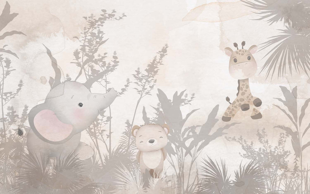 Tapet Personalizat Jungla Amazoniana cu vegetatie tropicala in nuante de bej si fundal watercolor - EXOTIC BEIGE WATERCOLOR