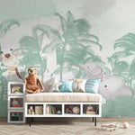 Tapet Personalizat Jungla Amazoniana cu vegetatie tropicala in nuante de verde si fundal watercolor - GREEN ELEPHANT JUNGLE