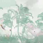 Tapet Personalizat Jungla Amazoniana cu vegetatie tropicala in nuante de verde si fundal watercolor - GREEN ELEPHANT JUNGLE