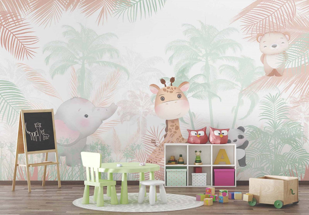 Tapet Personalizat Jungla Amazoniana cu vegetatie tropicala pastel si animalute  - WARM PALM JUNGLE
