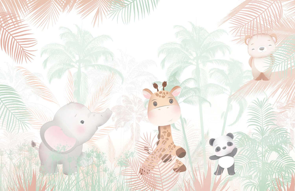 Tapet Personalizat Jungla Amazoniana cu vegetatie tropicala pastel si animalute  - WARM PALM JUNGLE