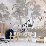 Tapet Personalizat Jungla Amazoniana cu palmieri maro si animalute ascunse in vegetatie  - BROWN HIDE AND SEEK
