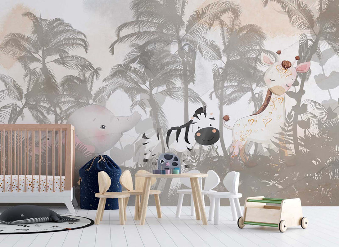 Tapet Personalizat Jungla Amazoniana cu palmieri maro si animalute ascunse in vegetatie  - BROWN HIDE AND SEEK