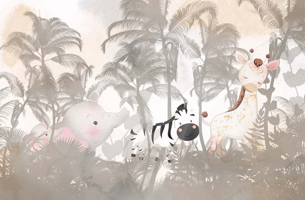 Tapet Personalizat Jungla Amazoniana cu palmieri maro si animalute ascunse in vegetatie  - BROWN HIDE AND SEEK