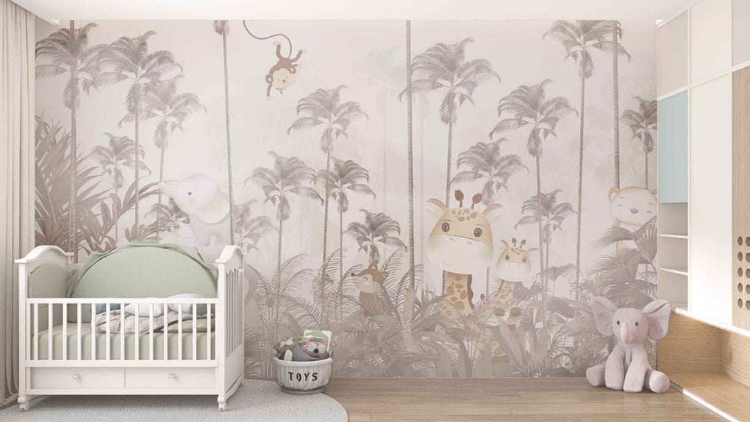 Tapet Personalizat Jungla Amazoniana cu padure exotica de palmieri in nuante de bej si animalute - SEPIA PALM JUNGLE