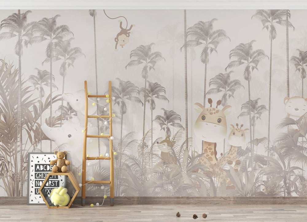 Tapet Personalizat Jungla Amazoniana cu padure exotica de palmieri in nuante de bej si animalute - SEPIA PALM JUNGLE