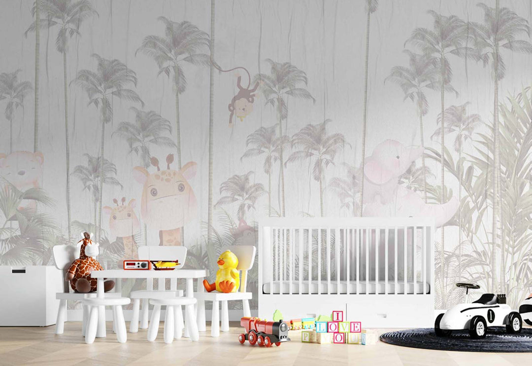 Tapet Personalizat Jungla Amazoniana cu padure de palmieri in nuante estompate si fundal texturat - FADED TEXTURED AMAZON