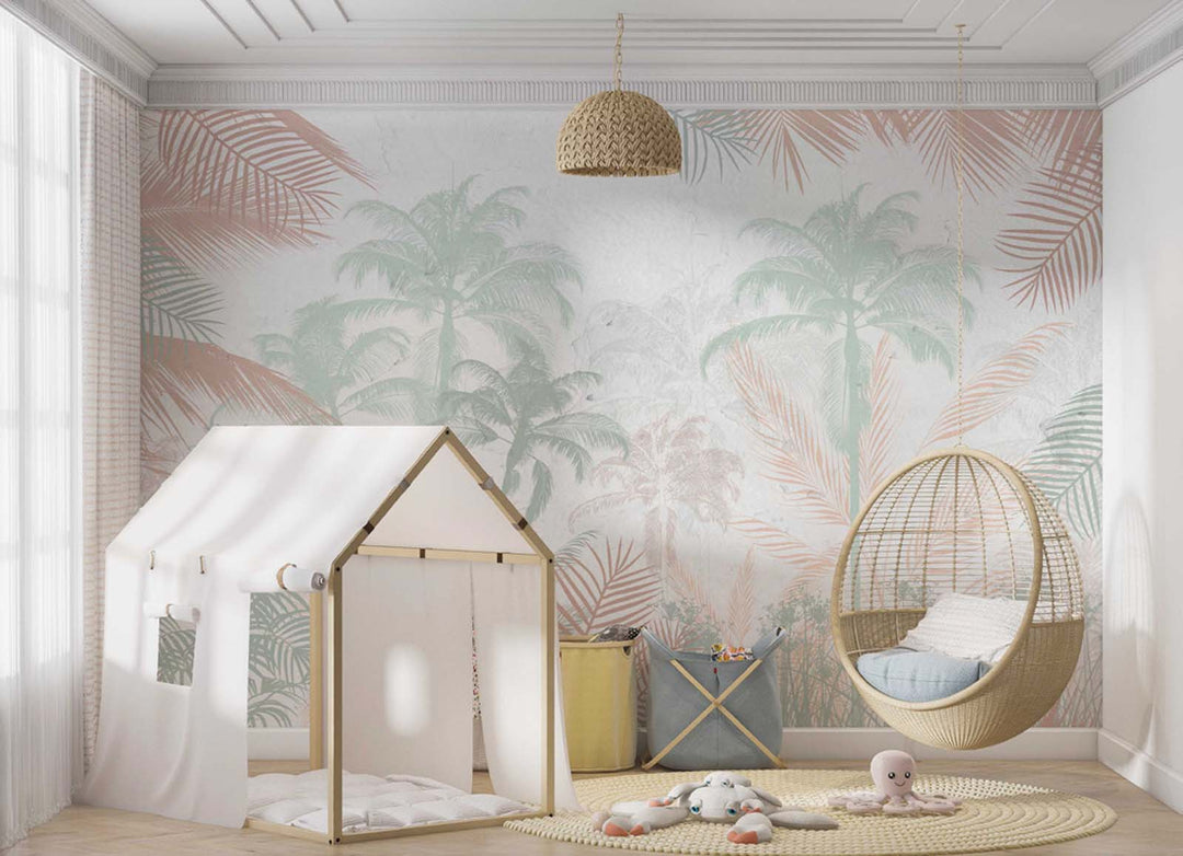 Tapet Personalizat Jungla Amazoniana cu padure tropicala in nuante pastel de verde si maro - WARM PASTEL JUNGLE