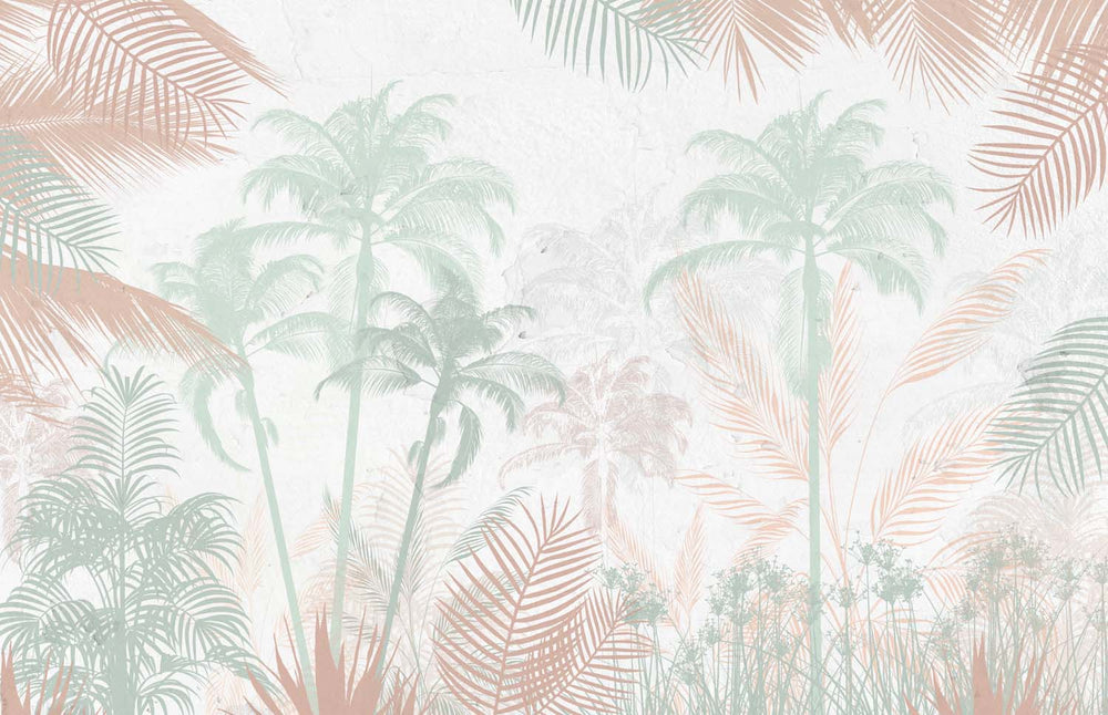 Tapet Personalizat Jungla Amazoniana cu padure tropicala in nuante pastel de verde si maro - WARM PASTEL JUNGLE