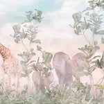 Tapet Personalizat Jungla Amazoniana cu girafe si elefanti in vegetatie tropicala - SUNSET AMAZON WALK