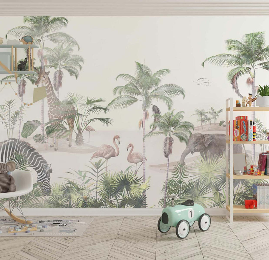 Tapet Personalizat Jungla Amazoniana cu animale in vegetatie desertica si dune de nisip pe un fundal alb - SAND DUNES PALM