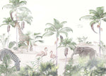 Tapet Personalizat Jungla Amazoniana cu animale in vegetatie desertica si dune de nisip pe un fundal alb - SAND DUNES PALM